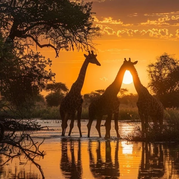 Silhouetted giraffes standing in a watering hole at sunset, with the sun glowing between two of their heads and reflecting in the calm water