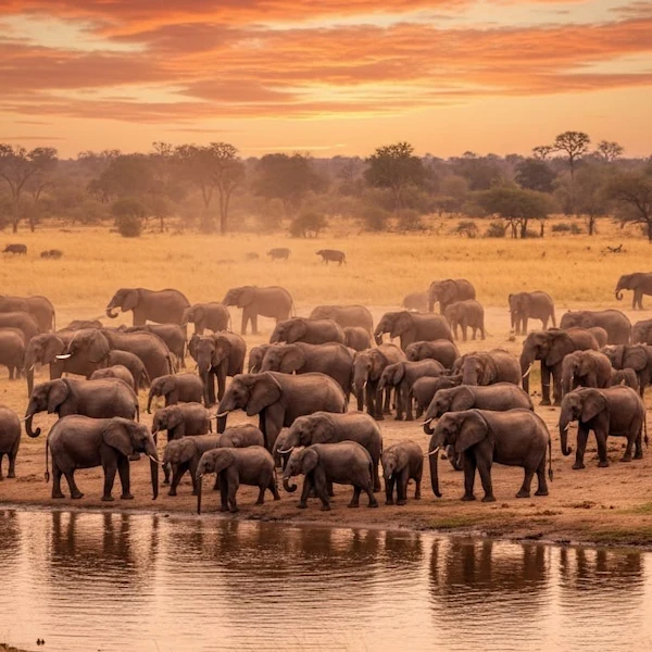 A large herd of African elephants with calves gathered at a watering hole on the savanna under a vibrant orange sunset sky